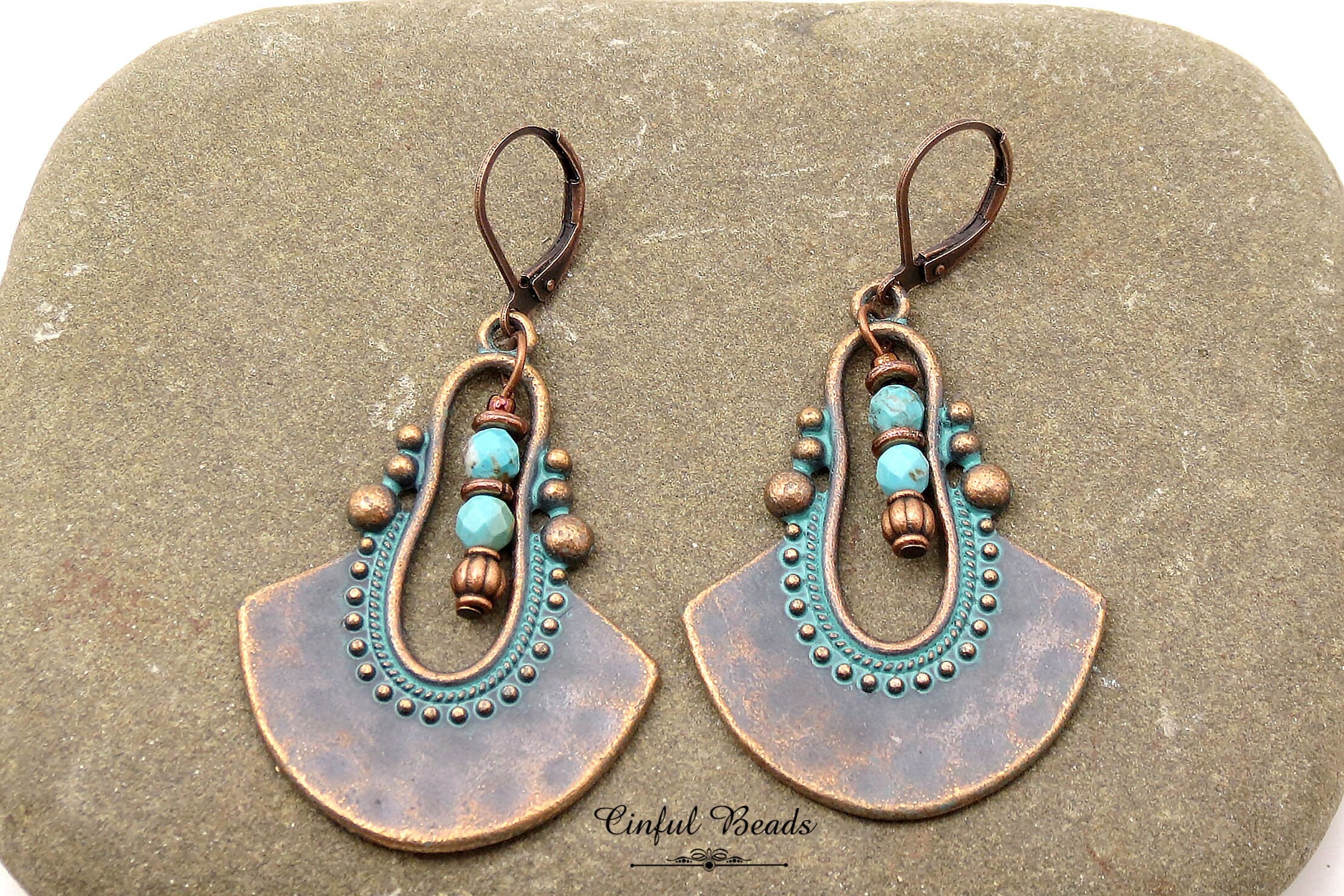 Turquoise Patina Boho Dangle Earrings - Antique Copper Ethnic Earrings With Turquoise Magnesite Beads - Rustic Dangle Pendant Earrings