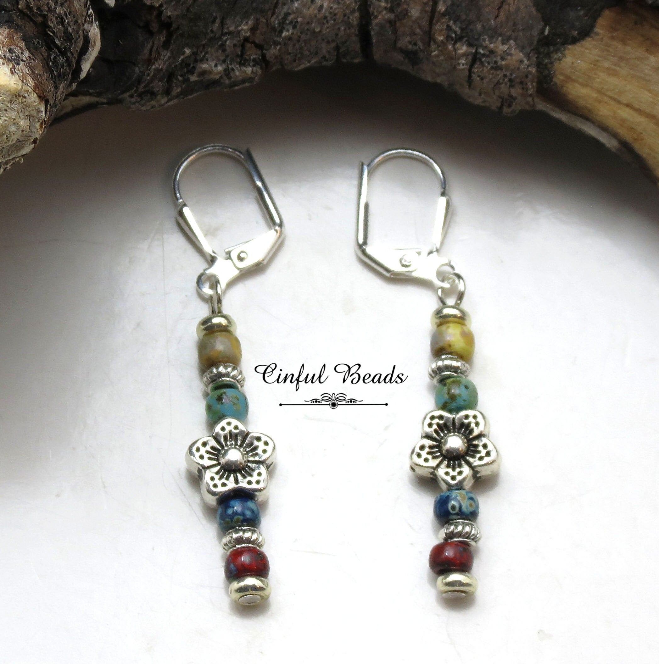 Dainty Multicolor Picasso Seed Bead Stick Earrings with Flower Spacer Bead - Lightweight And Comfortable Boho Statement Jewelry