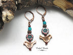 Antique Copper Bird Earrings with Red Czech Glass Hawaiian Flower and Turquoise Wash - Minimalist Boho Dangle Earrings - Customized Earwires
