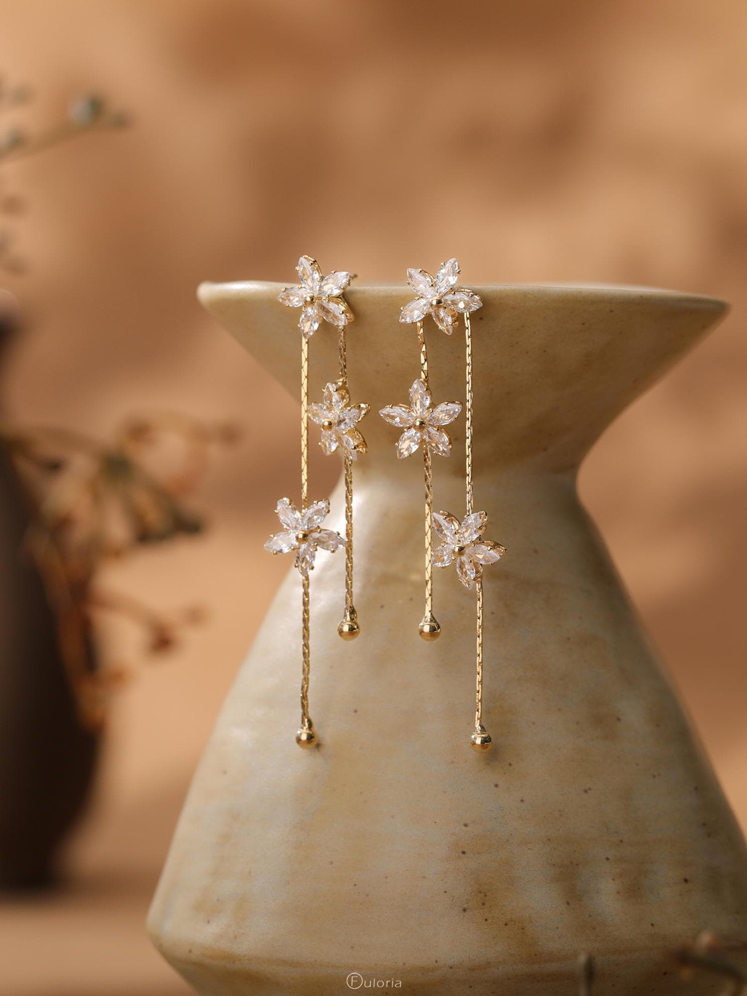 Flower Diamond Drop Earrings, Minimalist Dangle Diamond Earrings, Wedding Earrings, Gold Crystal Earrings, Christmas Gifts, Bridesmaid Gifts