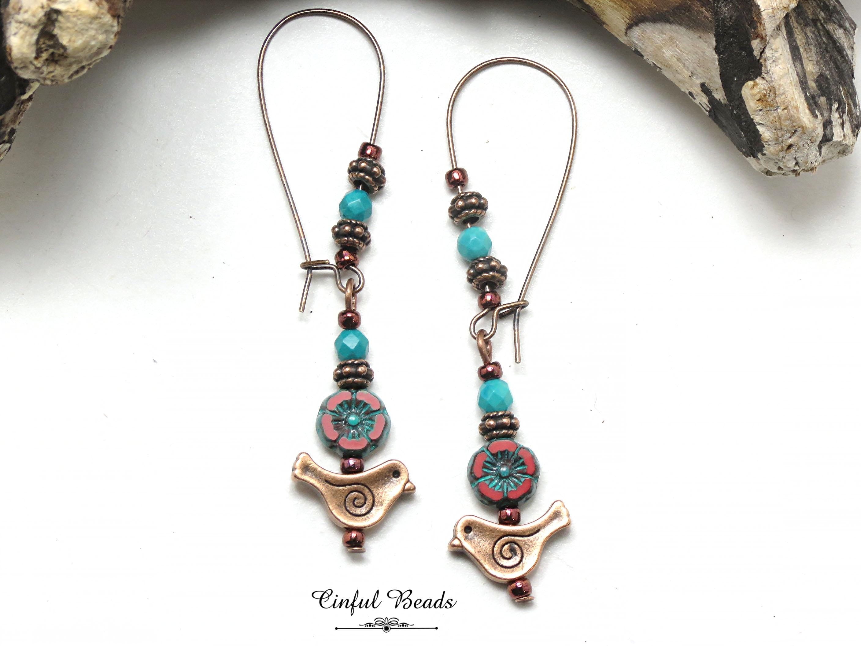 Antique Copper Bird Earrings with Red Czech Glass Hawaiian Flower and Turquoise Wash - Minimalist Boho Dangle Earrings - Customized Earwires