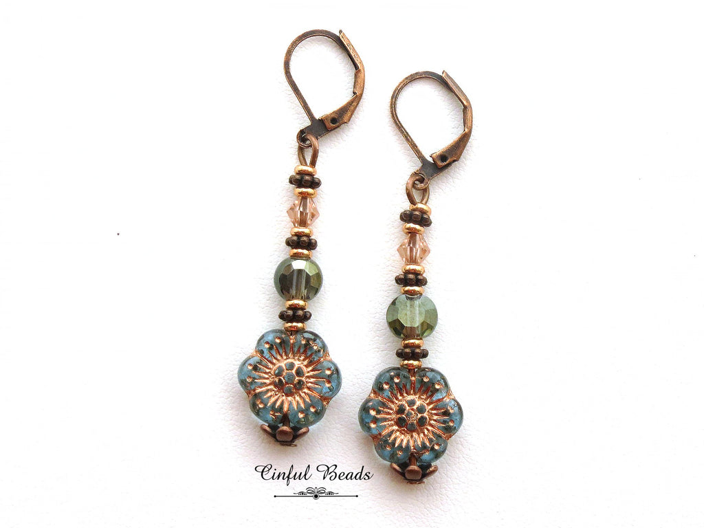 Antique Copper Boho Earrings - Transparent Aqua and Rose Dangle Earrings -Lightweight Flower Earrings with Matching Necklace