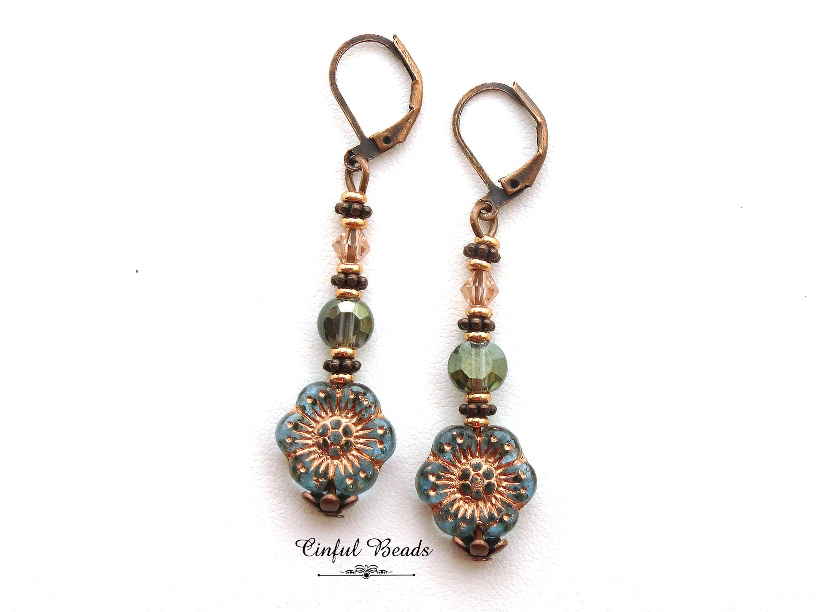 Antique Copper Boho Earrings - Transparent Aqua and Rose Dangle Earrings -Lightweight Flower Earrings with Matching Necklace