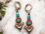 Antique Copper Bird Earrings with Red Czech Glass Hawaiian Flower and Turquoise Wash - Minimalist Boho Dangle Earrings - Customized Earwires