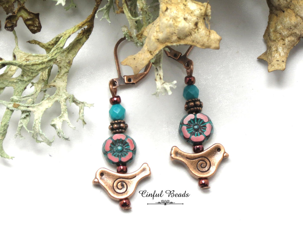 Antique Copper Bird Earrings with Red Czech Glass Hawaiian Flower and Turquoise Wash - Minimalist Boho Dangle Earrings - Customized Earwires