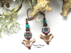 Antique Copper Bird Earrings with Red Czech Glass Hawaiian Flower and Turquoise Wash - Minimalist Boho Dangle Earrings - Customized Earwires