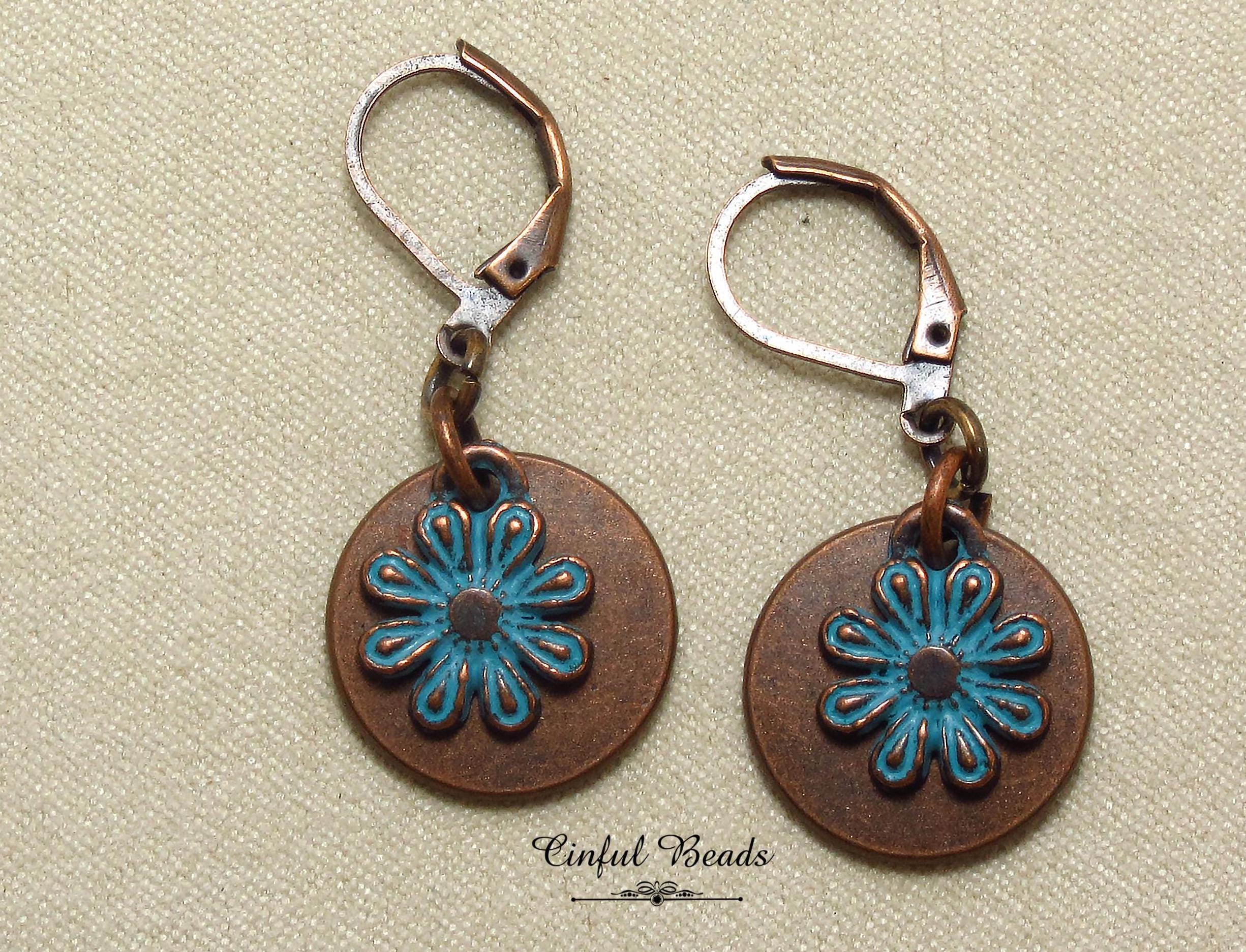Copper Patina Boho Dangle Earrings - Copper and Turquoise Patina Flower Earrings