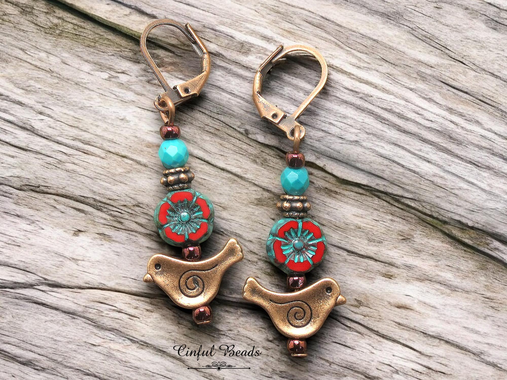 Antique Copper Bird Earrings with Red Czech Glass Hawaiian Flower and Turquoise Wash - Minimalist Boho Dangle Earrings - Customized Earwires