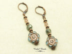 Antique Copper Boho Earrings - Transparent Aqua and Rose Dangle Earrings -Lightweight Flower Earrings with Matching Necklace